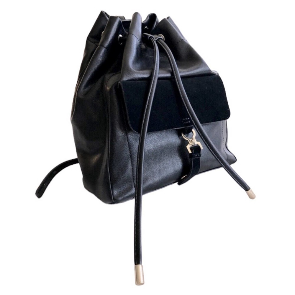 ZARA Vegan Faux Black Leather Backpack Purse EC Gold Detail Adjustable